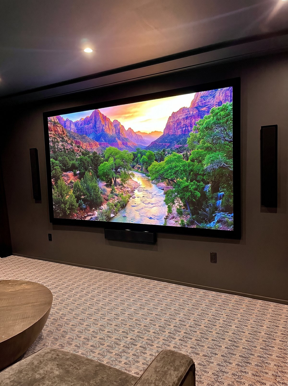 Custom home theater installation Stone Oak San Antonio TX with projection screen and surround sound