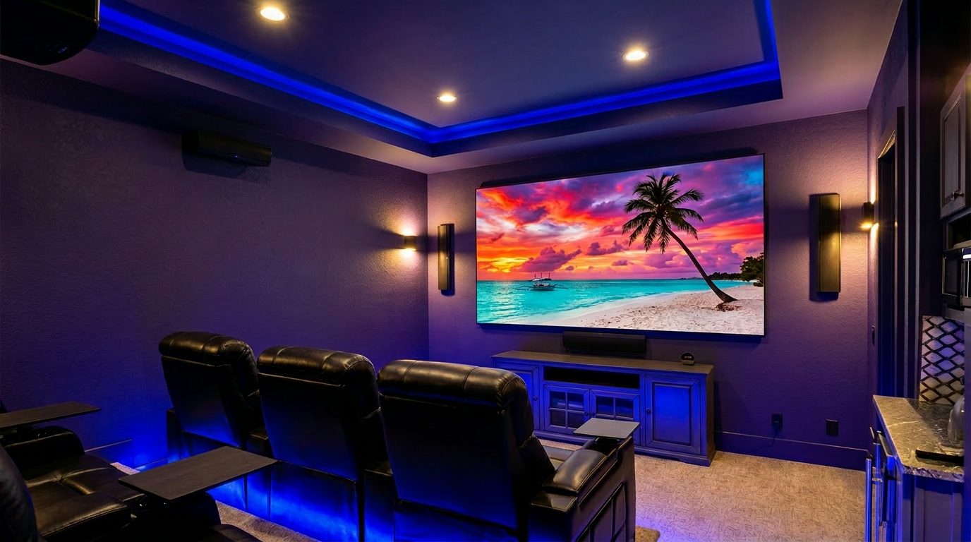 Dedicated home theater near San Antonio TX Canyon Lake with projection screen and surround sound