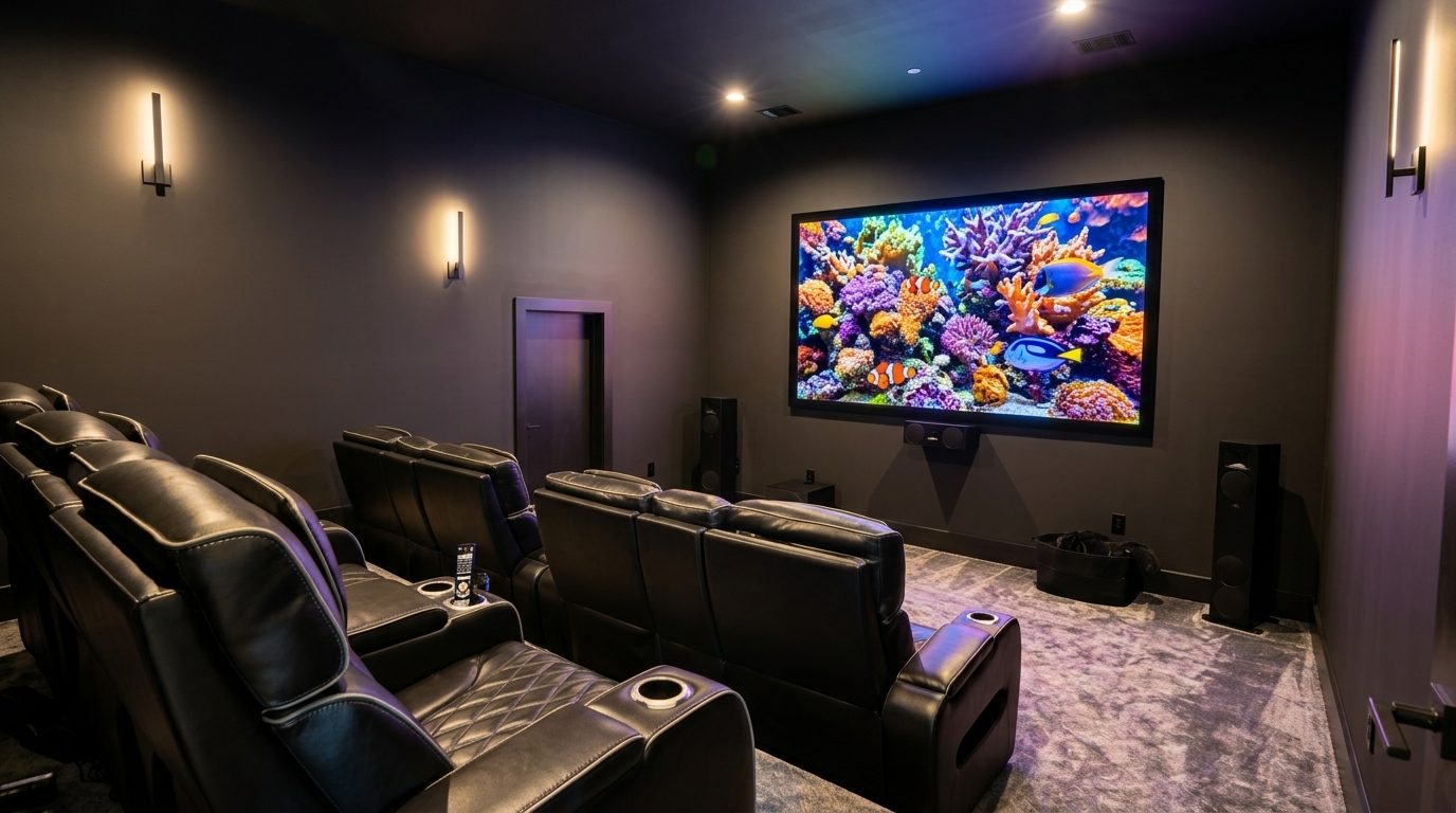 New construction home theater Stone Oak San Antonio TX with leather recliner seating